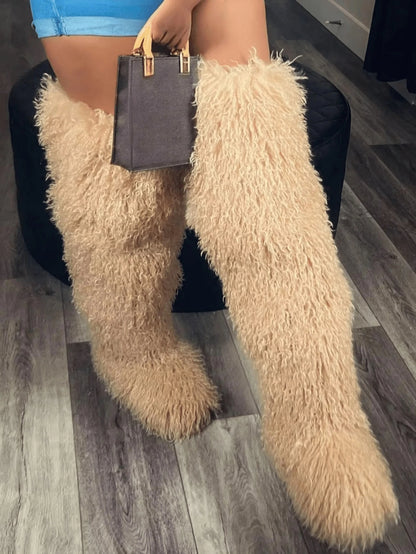 Women's Winter Knee High Boots Pull-On Faux Fur Round Toe Strap Boots For Women Comfy Plush Warm Outdoor Indoor Flat Shoes Punk Party Dressy Furry Fluffy Winter Autumn Fall Boots