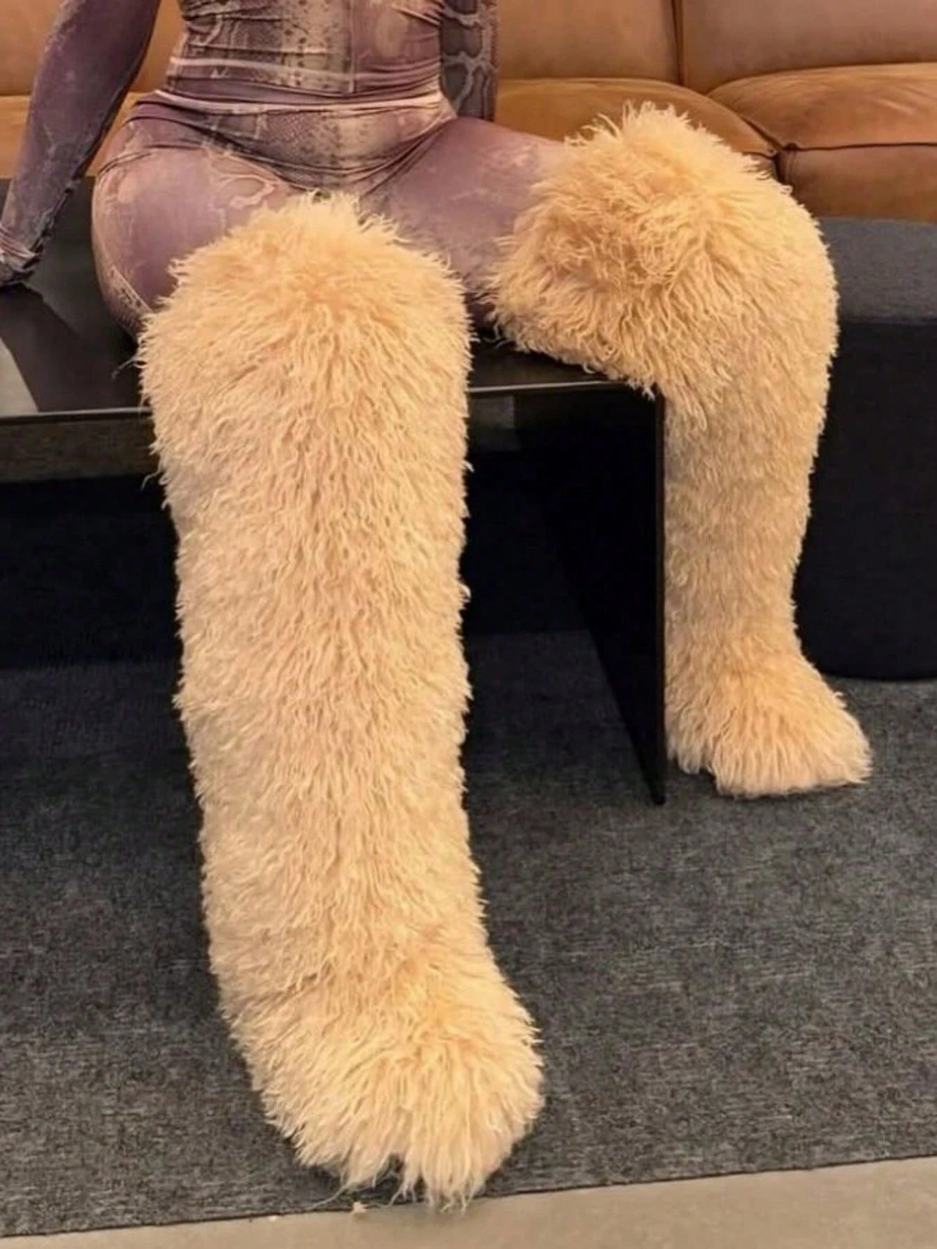 Women's Winter Knee High Boots Pull-On Faux Fur Round Toe Strap Boots For Women Comfy Plush Warm Outdoor Indoor Flat Shoes Punk Party Dressy Furry Fluffy Winter Autumn Fall Boots