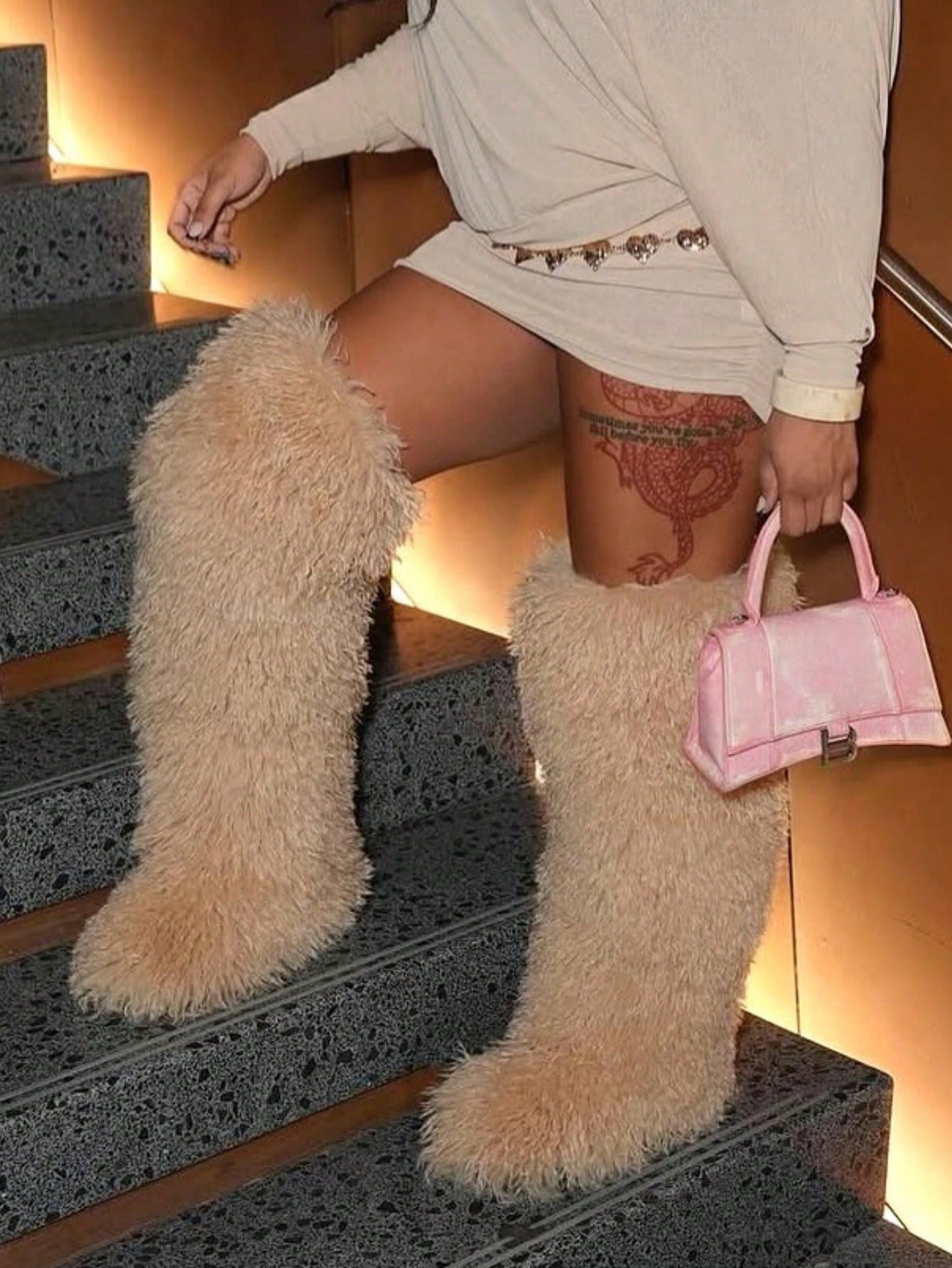 Women's Winter Knee High Boots Pull-On Faux Fur Round Toe Strap Boots For Women Comfy Plush Warm Outdoor Indoor Flat Shoes Punk Party Dressy Furry Fluffy Winter Autumn Fall Boots