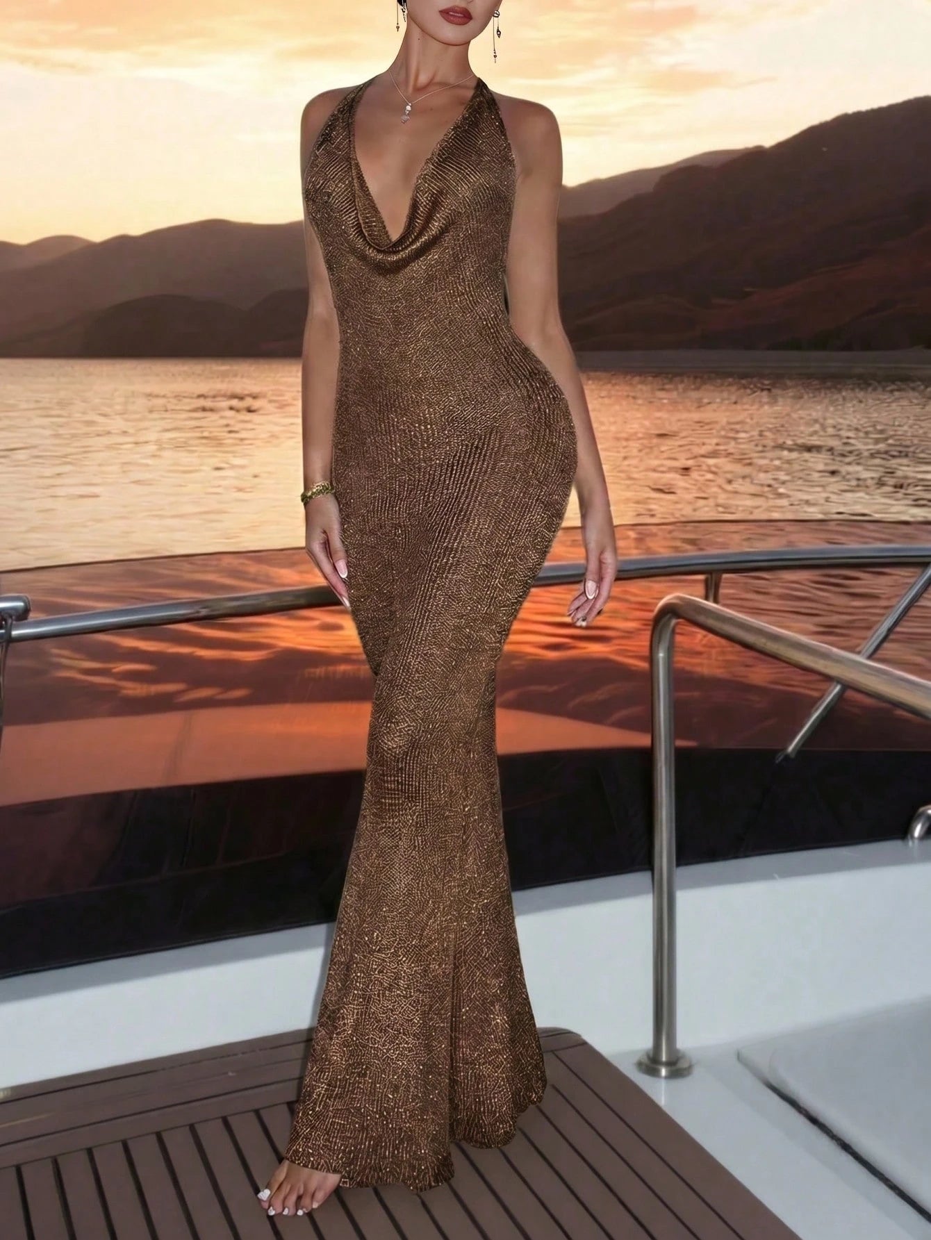 Women's Y2K Brown Glitter Deep V Halter Bodycon Maxi Dress, Sexy Hip-Wrapped Cami Dress, Backless Ruched High Slit Vacation Summer Beach