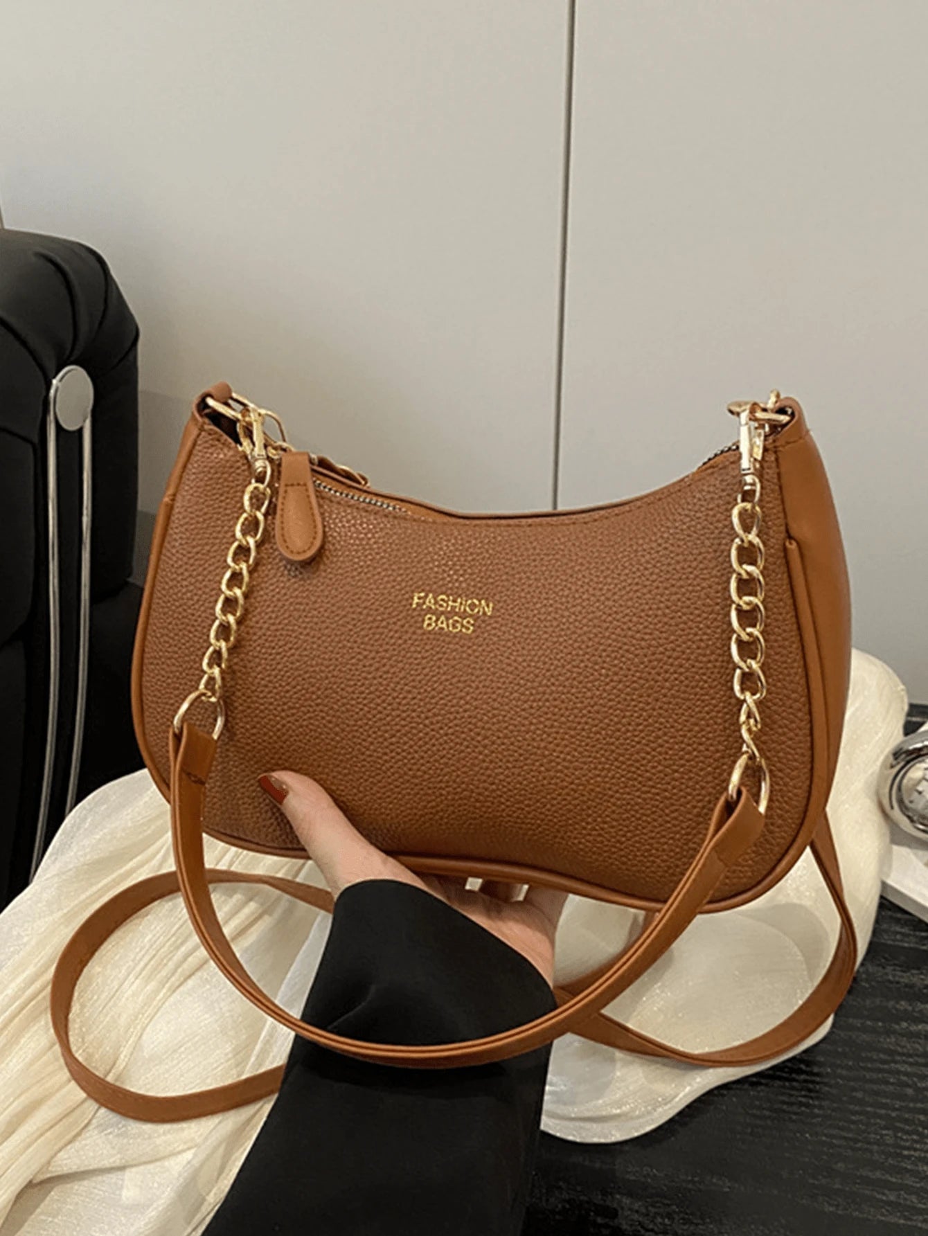Women Stylish Brown Pebbled Chain Crescent Underarm Shoulder Crossbody Bag, Mini Zipper Closure, Purse Shape Retention, Work Commuter Everyday Use.