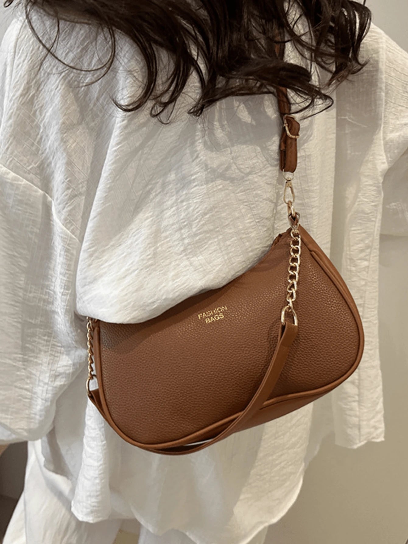 Women Stylish Brown Pebbled Chain Crescent Underarm Shoulder Crossbody Bag, Mini Zipper Closure, Purse Shape Retention, Work Commuter Everyday Use.