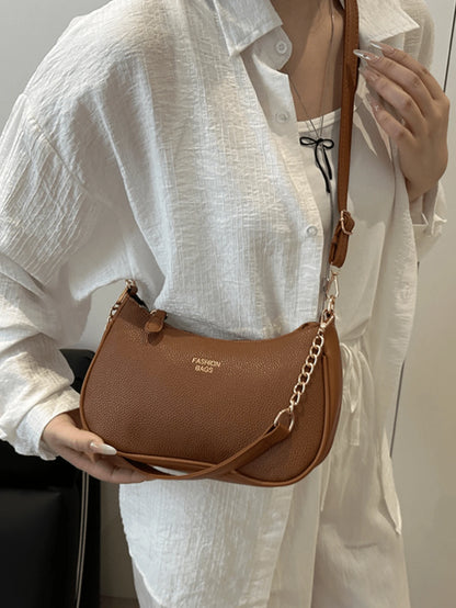 Women Stylish Brown Pebbled Chain Crescent Underarm Shoulder Crossbody Bag, Mini Zipper Closure, Purse Shape Retention, Work Commuter Everyday Use.