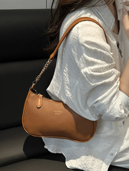 Women Stylish Brown Pebbled Chain Crescent Underarm Shoulder Crossbody Bag, Mini Zipper Closure, Purse Shape Retention, Work Commuter Everyday Use.