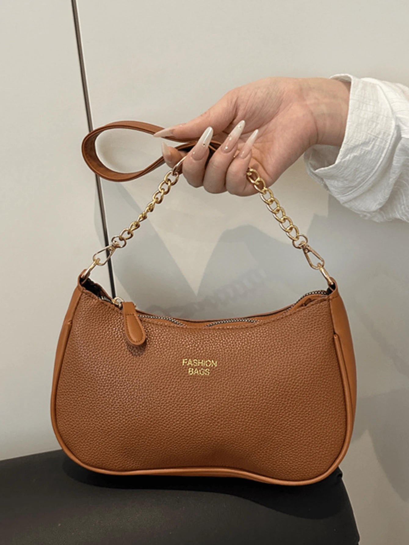 Women Stylish Brown Pebbled Chain Crescent Underarm Shoulder Crossbody Bag, Mini Zipper Closure, Purse Shape Retention, Work Commuter Everyday Use.