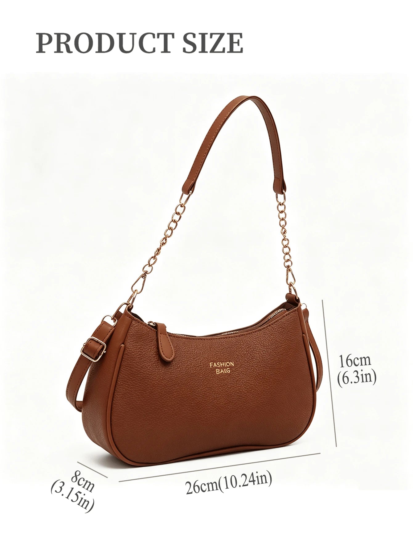 Women Stylish Brown Pebbled Chain Crescent Underarm Shoulder Crossbody Bag, Mini Zipper Closure, Purse Shape Retention, Work Commuter Everyday Use.