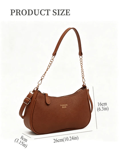 Women Stylish Brown Pebbled Chain Crescent Underarm Shoulder Crossbody Bag, Mini Zipper Closure, Purse Shape Retention, Work Commuter Everyday Use.