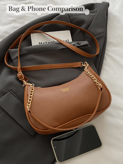 Women Stylish Brown Pebbled Chain Crescent Underarm Shoulder Crossbody Bag, Mini Zipper Closure, Purse Shape Retention, Work Commuter Everyday Use.