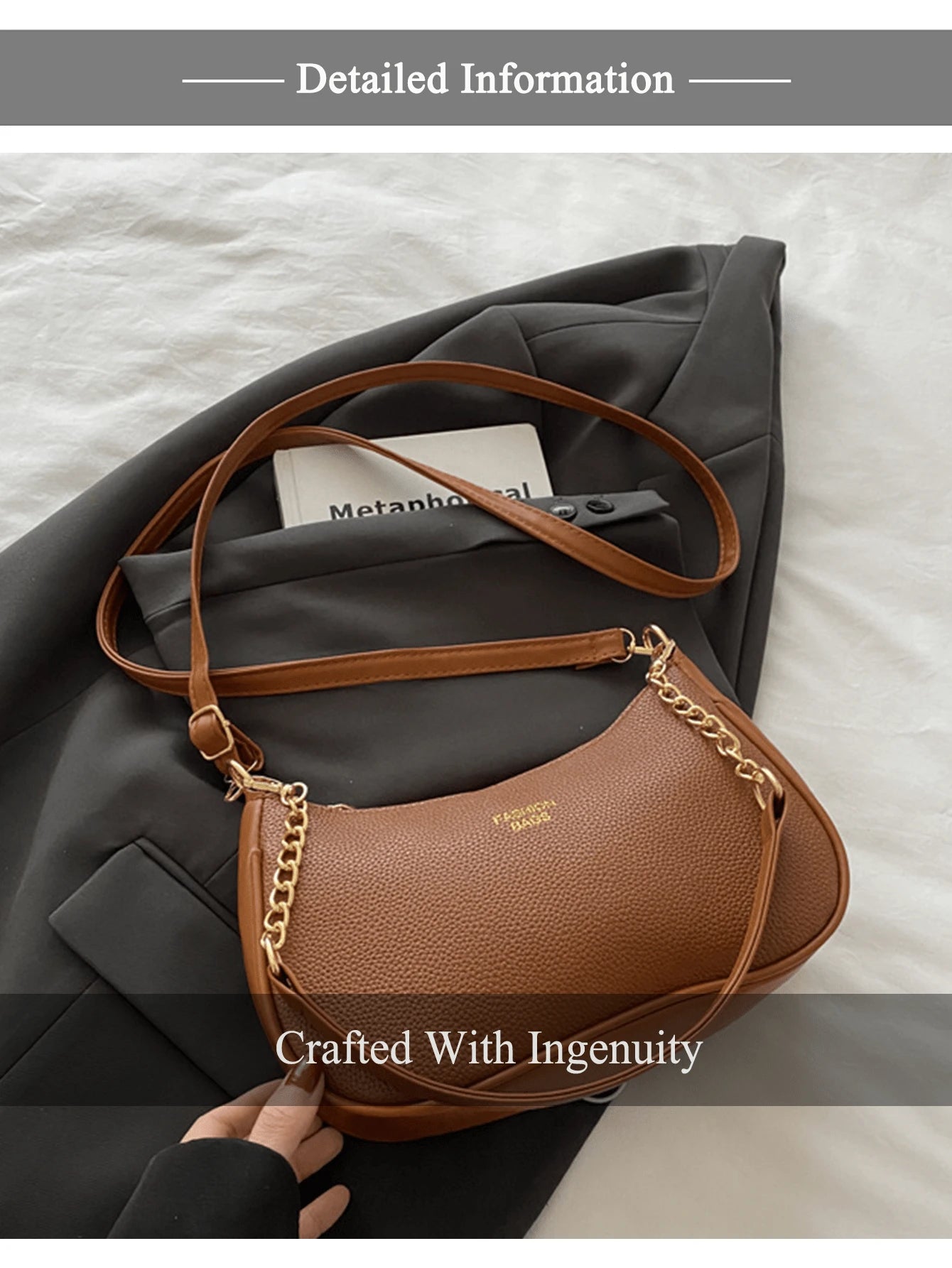 Women Stylish Brown Pebbled Chain Crescent Underarm Shoulder Crossbody Bag, Mini Zipper Closure, Purse Shape Retention, Work Commuter Everyday Use.