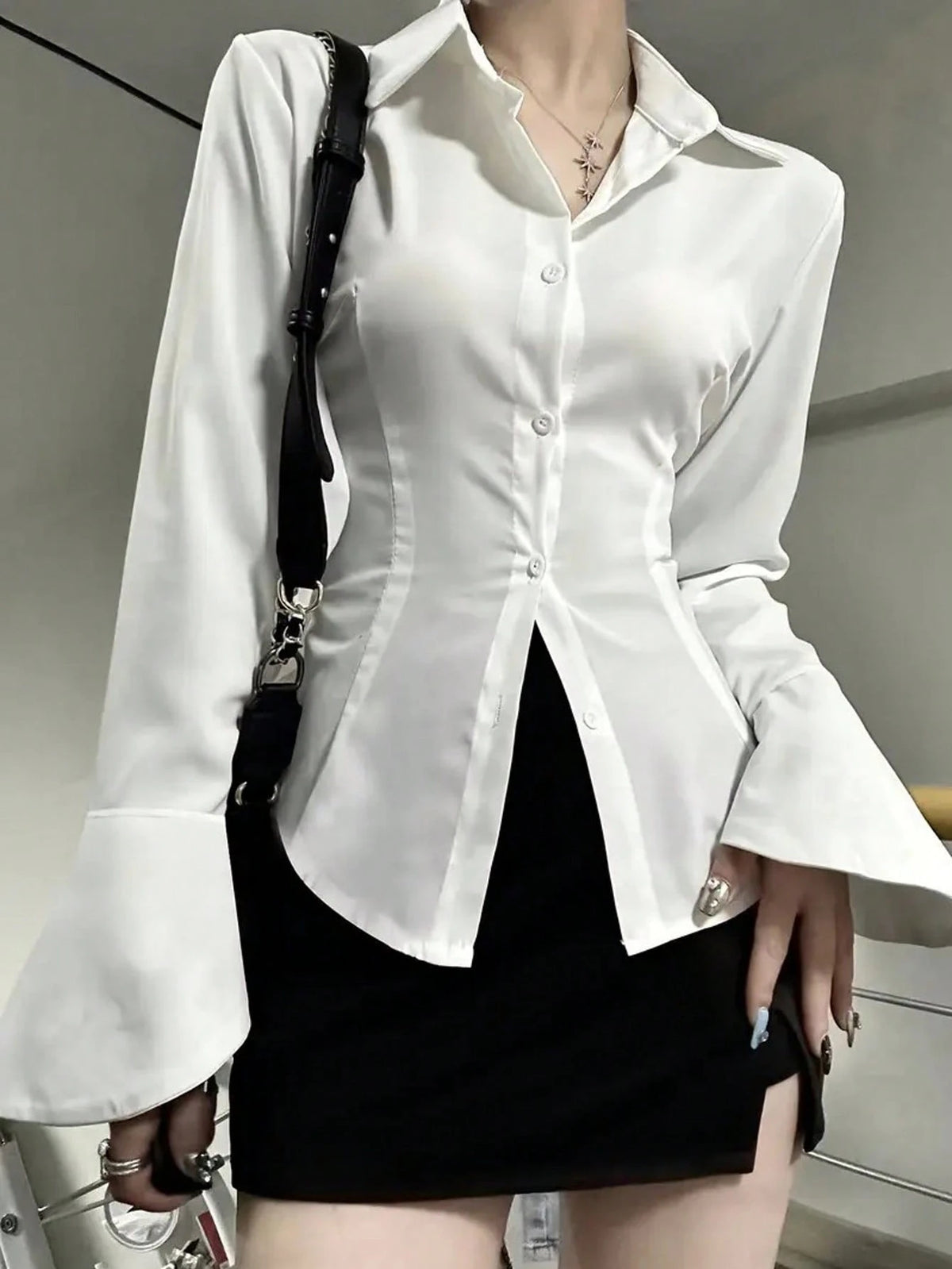 Women White Solid Color Long Sleeve Shirt With Unique Tie-Back And Front Button Details