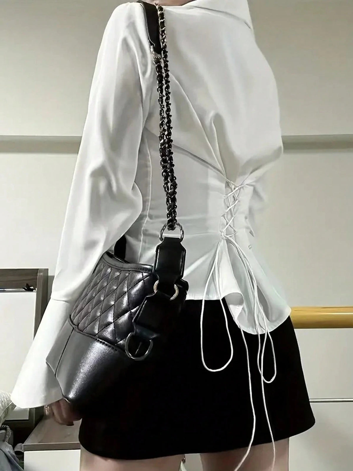 Women White Solid Color Long Sleeve Shirt With Unique Tie-Back And Front Button Details