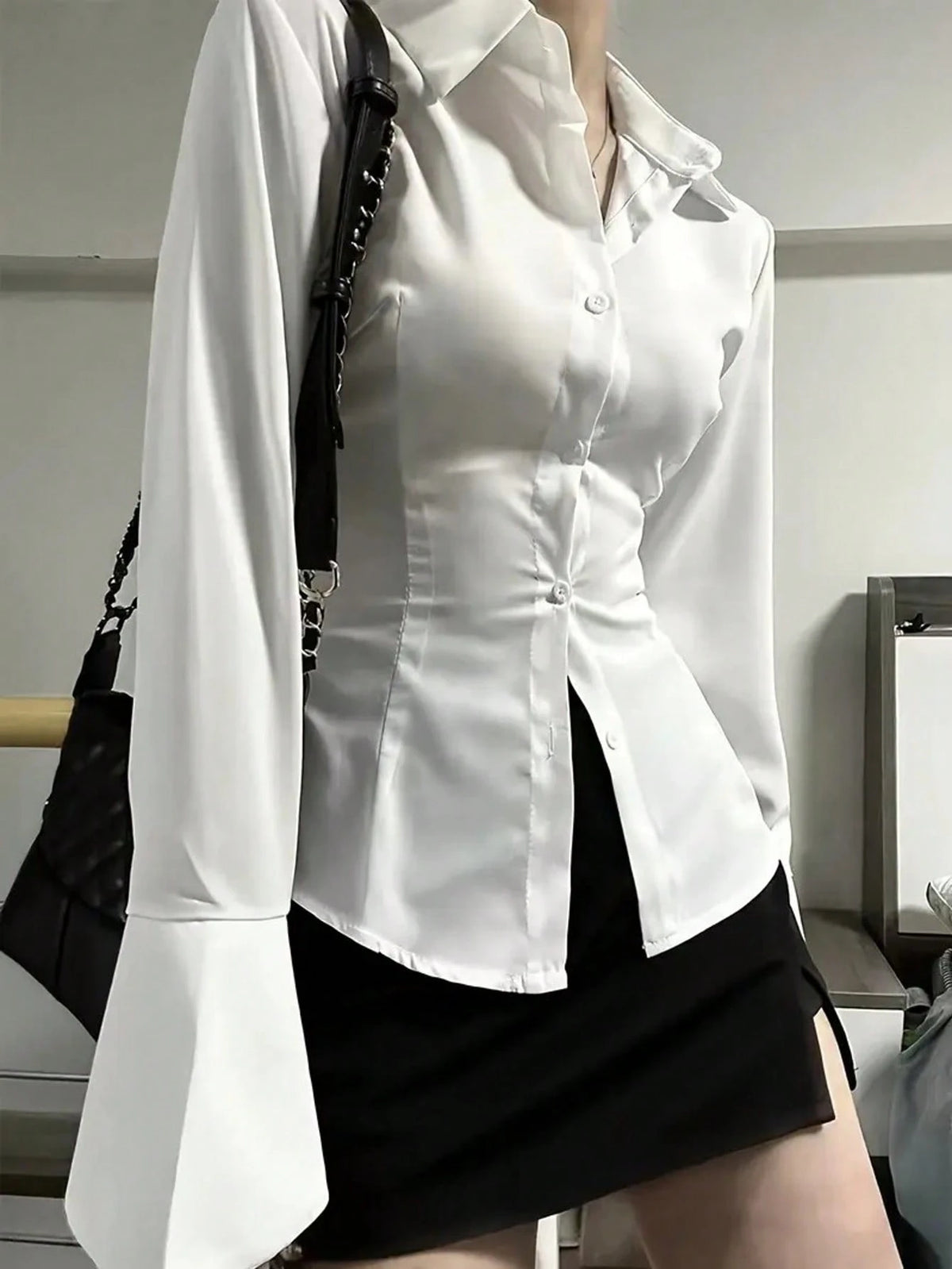 Women White Solid Color Long Sleeve Shirt With Unique Tie-Back And Front Button Details