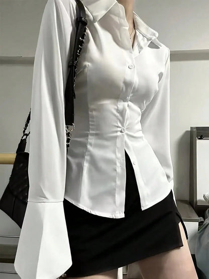 Women White Solid Color Long Sleeve Shirt With Unique Tie-Back And Front Button Details