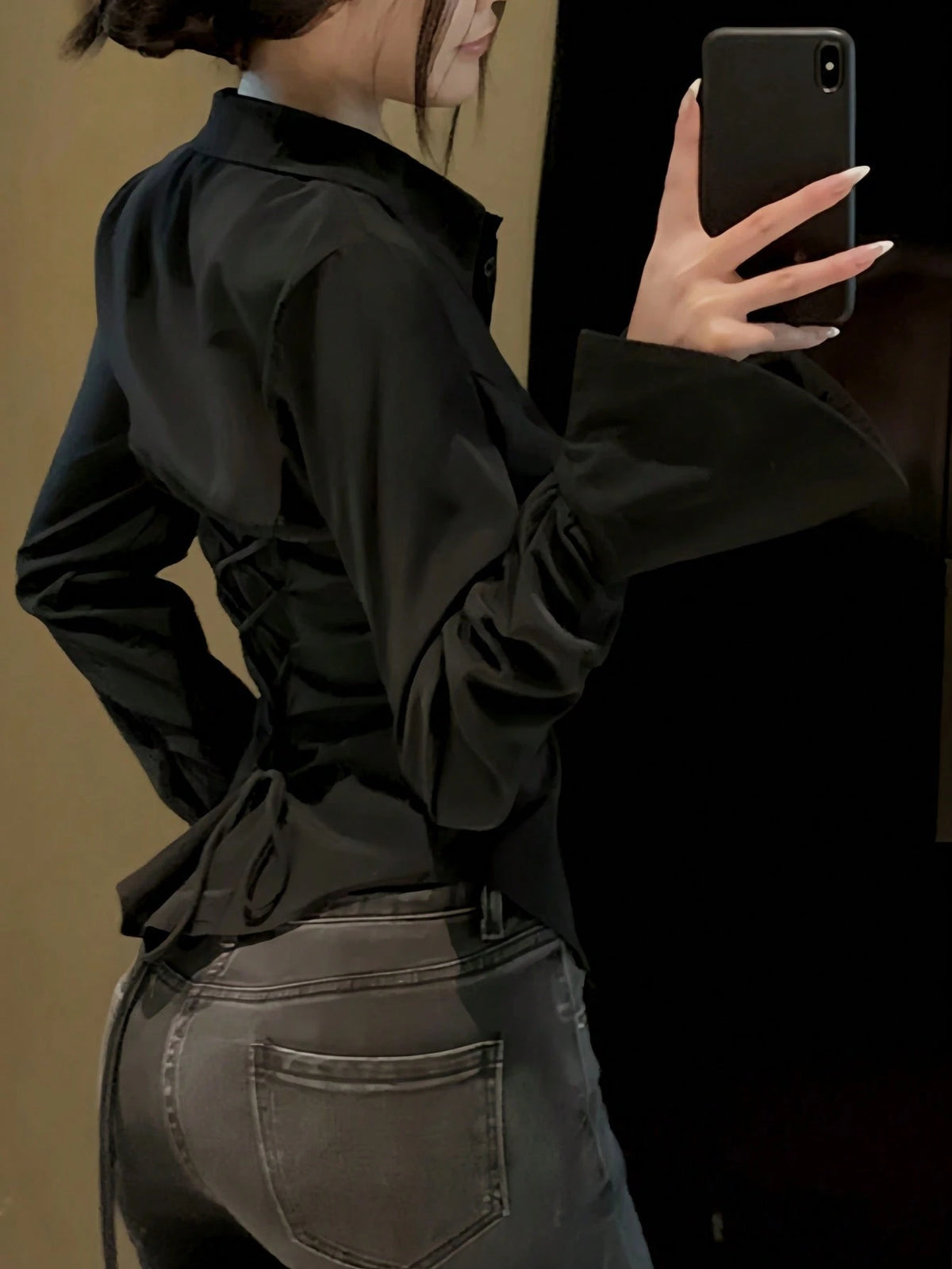 Women White Solid Color Long Sleeve Shirt With Unique Tie-Back And Front Button Details