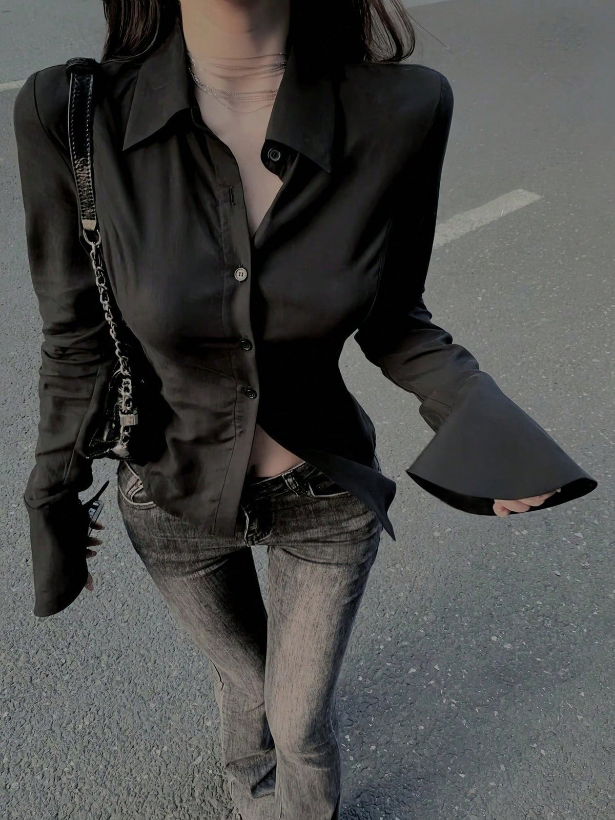 Women White Solid Color Long Sleeve Shirt With Unique Tie-Back And Front Button Details