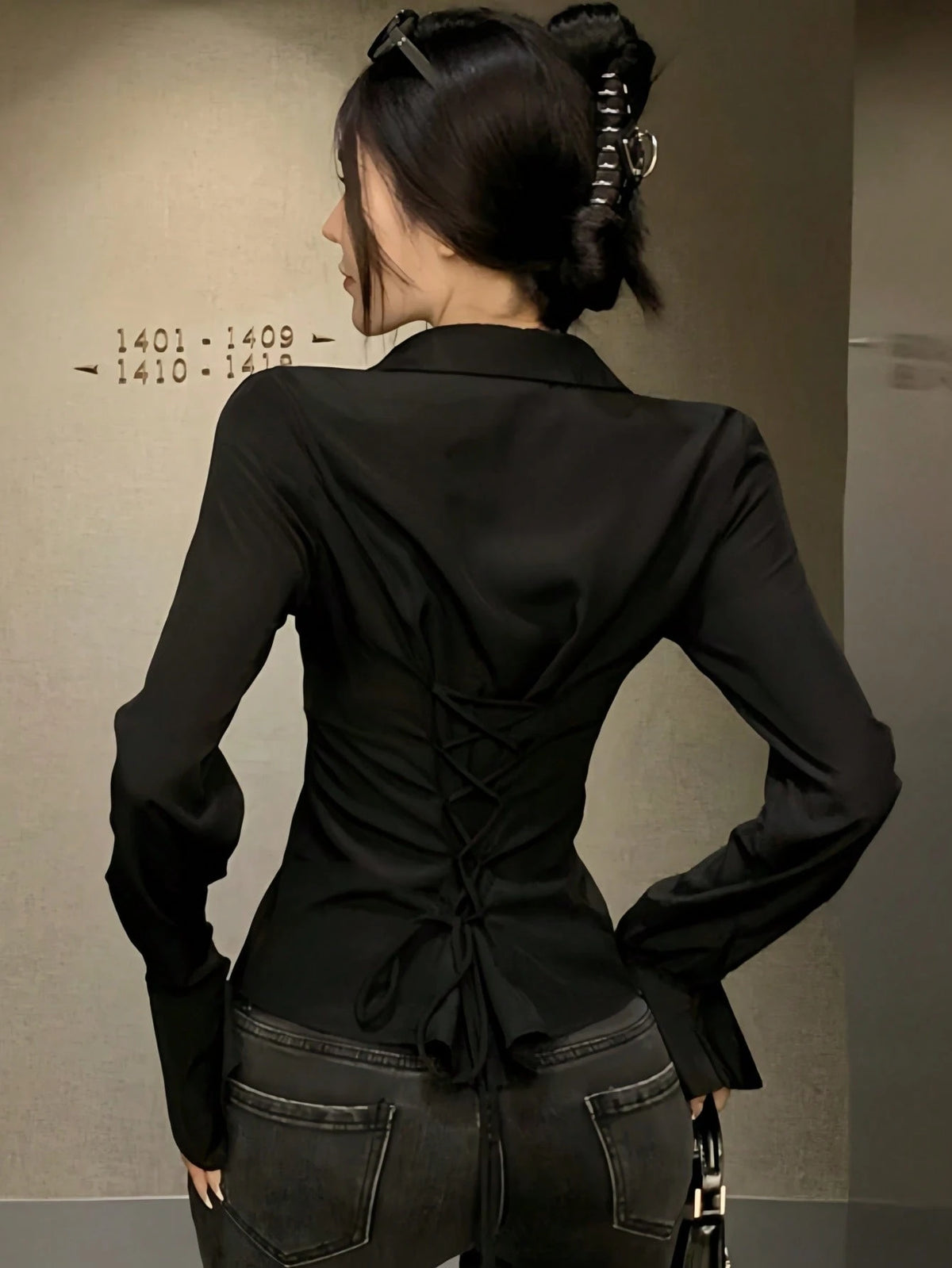 Women White Solid Color Long Sleeve Shirt With Unique Tie-Back And Front Button Details