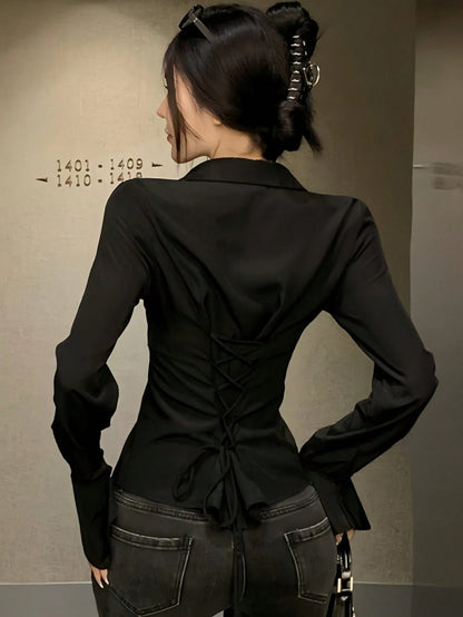 Women White Solid Color Long Sleeve Shirt With Unique Tie-Back And Front Button Details