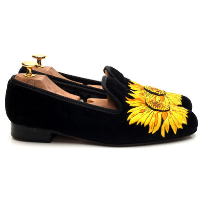 Women's 'Sunflower' Black Velvet Slippers UK 5