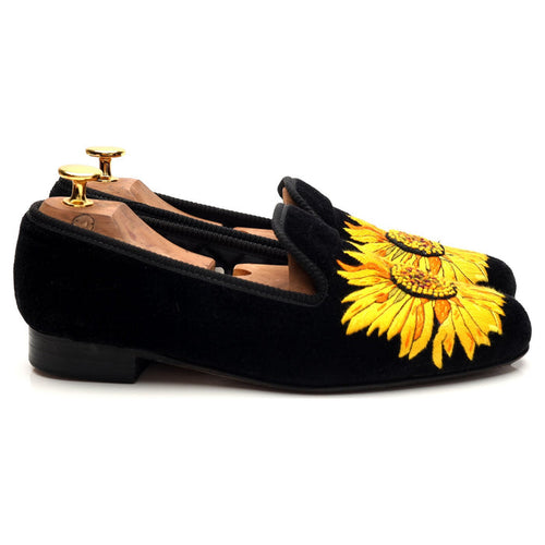 Women's 'Sunflower' Black Velvet Slippers UK 5