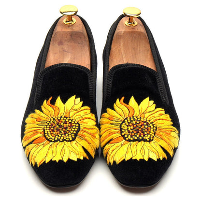 Women's 'Sunflower' Black Velvet Slippers UK 5