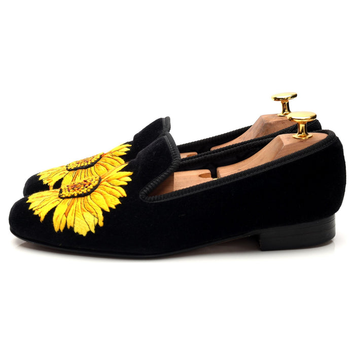 Women's 'Sunflower' Black Velvet Slippers UK 5
