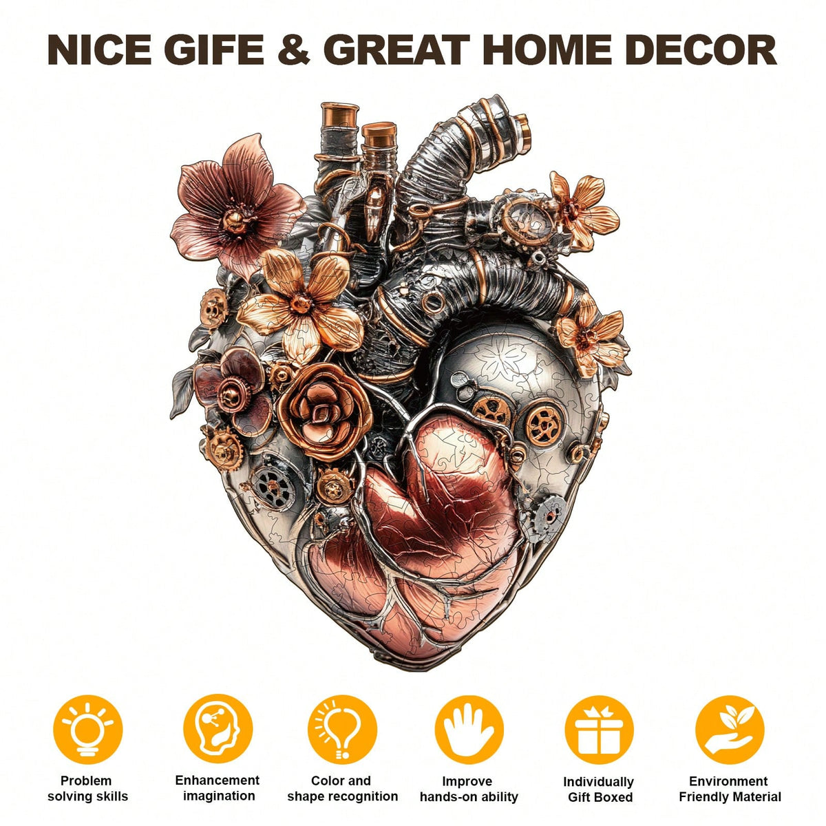 WOODBESTS 1PC Mechanical Heart Wooden Irregular Puzzle, Animal-Shaped 2D Jigsaw Toy For Kids And Adults. Educational Game, Great Gift For Party, Holiday, Christmas And Birthday. Unique Magical Desktop