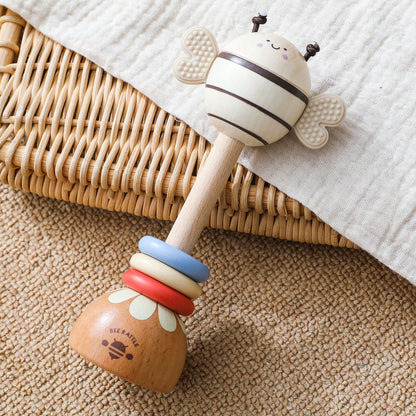 Wooden Long Handle Bee Rattle, Multifunctional Teether Rattle 2-In-1, Easy-To-Grip Baby Chewing Toy, Movable Three-Color Wooden Ring To Attract Baby's Attention, Standable Cartoon Bee Ornament