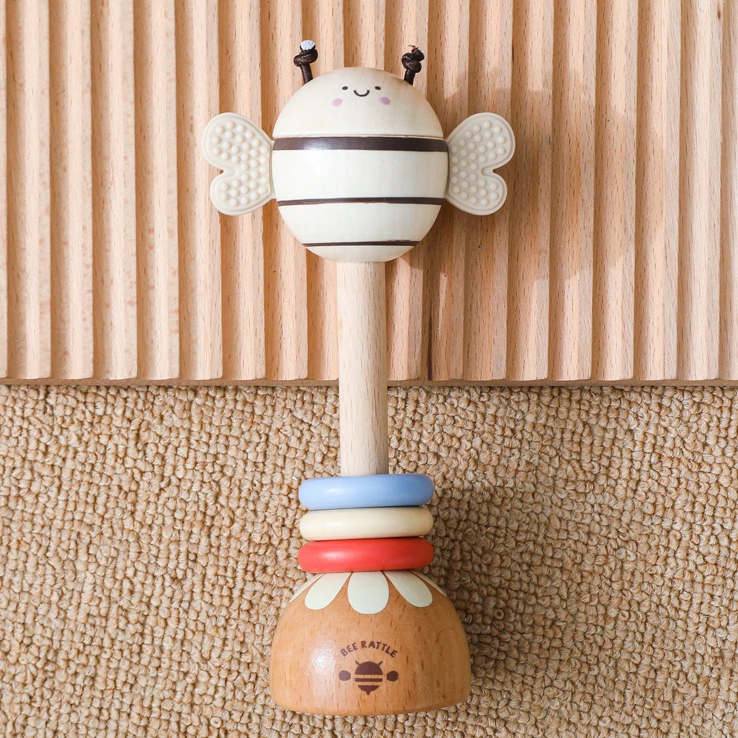 Wooden Long Handle Bee Rattle, Multifunctional Teether Rattle 2-In-1, Easy-To-Grip Baby Chewing Toy, Movable Three-Color Wooden Ring To Attract Baby's Attention, Standable Cartoon Bee Ornament