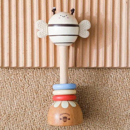 Wooden Long Handle Bee Rattle, Multifunctional Teether Rattle 2-In-1, Easy-To-Grip Baby Chewing Toy, Movable Three-Color Wooden Ring To Attract Baby's Attention, Standable Cartoon Bee Ornament