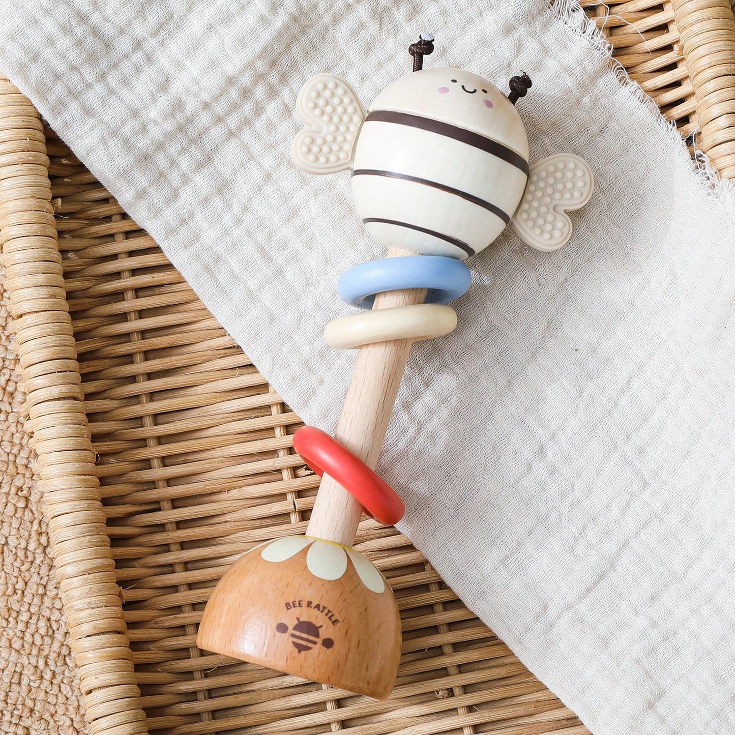 Wooden Long Handle Bee Rattle, Multifunctional Teether Rattle 2-In-1, Easy-To-Grip Baby Chewing Toy, Movable Three-Color Wooden Ring To Attract Baby's Attention, Standable Cartoon Bee Ornament
