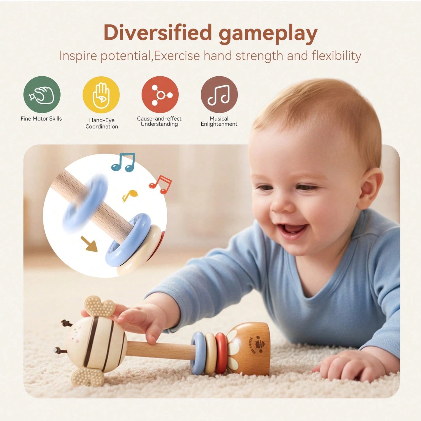 Wooden Long Handle Bee Rattle, Multifunctional Teether Rattle 2-In-1, Easy-To-Grip Baby Chewing Toy, Movable Three-Color Wooden Ring To Attract Baby's Attention, Standable Cartoon Bee Ornament