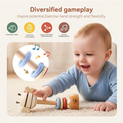 Wooden Long Handle Bee Rattle, Multifunctional Teether Rattle 2-In-1, Easy-To-Grip Baby Chewing Toy, Movable Three-Color Wooden Ring To Attract Baby's Attention, Standable Cartoon Bee Ornament