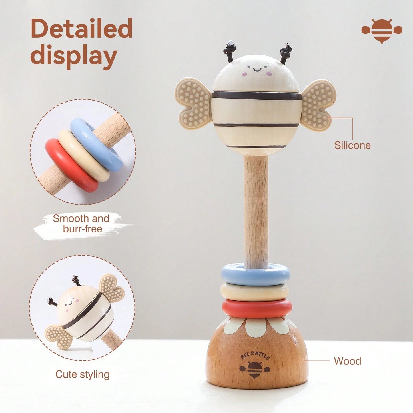 Wooden Long Handle Bee Rattle, Multifunctional Teether Rattle 2-In-1, Easy-To-Grip Baby Chewing Toy, Movable Three-Color Wooden Ring To Attract Baby's Attention, Standable Cartoon Bee Ornament
