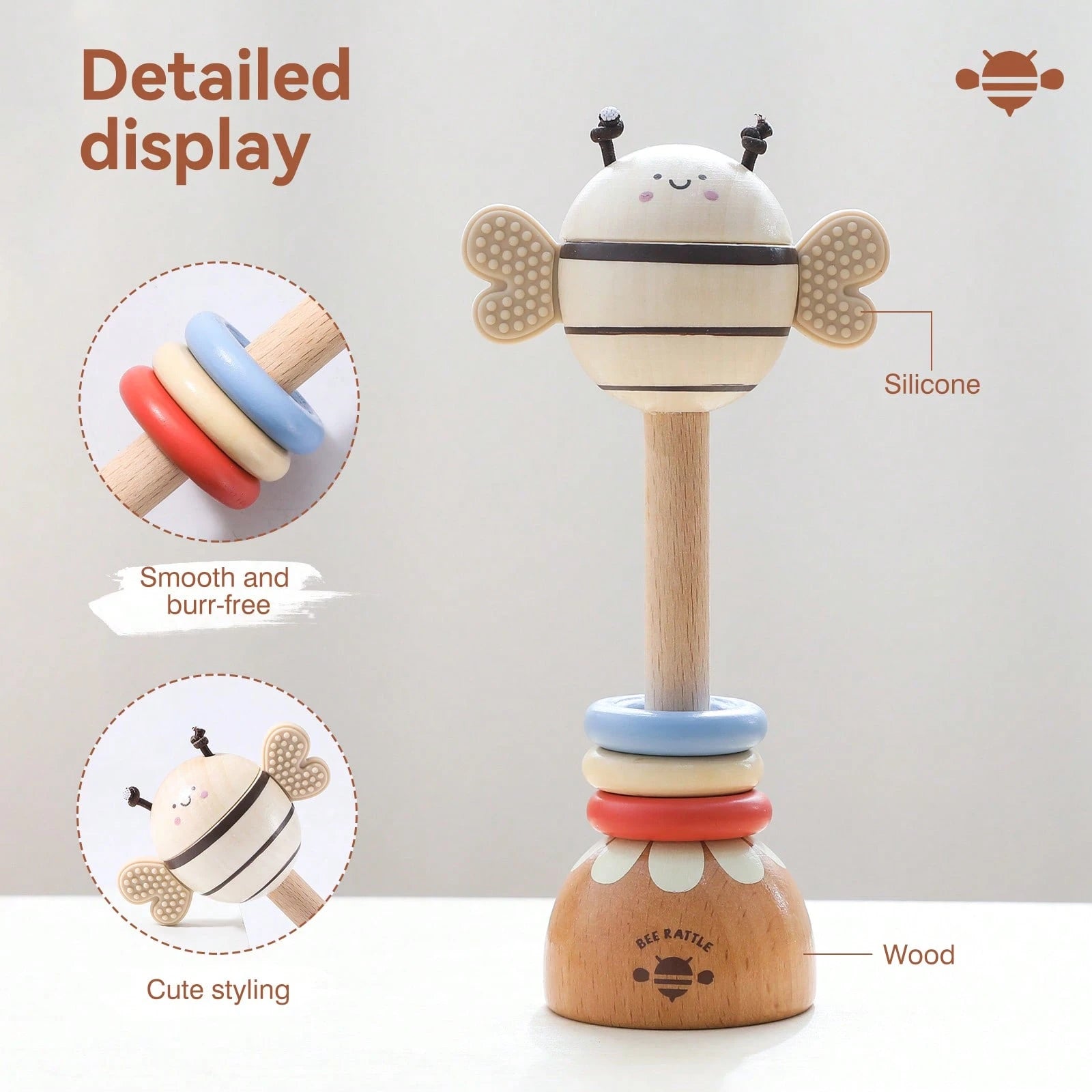 Wooden Long Handle Bee Rattle, Multifunctional Teether Rattle 2-In-1, Easy-To-Grip Baby Chewing Toy, Movable Three-Color Wooden Ring To Attract Baby's Attention, Standable Cartoon Bee Ornament