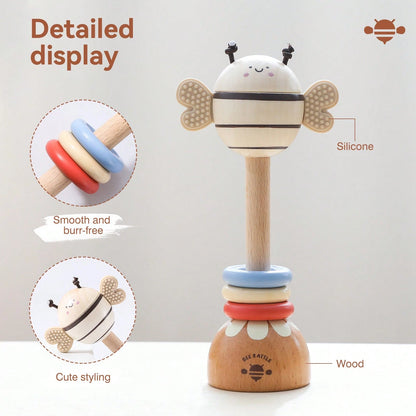 Wooden Long Handle Bee Rattle, Multifunctional Teether Rattle 2-In-1, Easy-To-Grip Baby Chewing Toy, Movable Three-Color Wooden Ring To Attract Baby's Attention, Standable Cartoon Bee Ornament