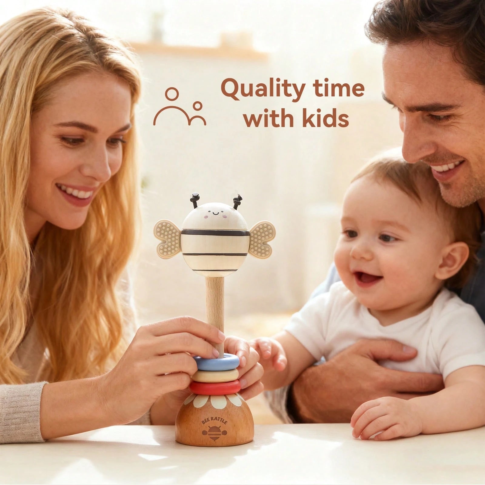 Wooden Long Handle Bee Rattle, Multifunctional Teether Rattle 2-In-1, Easy-To-Grip Baby Chewing Toy, Movable Three-Color Wooden Ring To Attract Baby's Attention, Standable Cartoon Bee Ornament