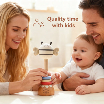 Wooden Long Handle Bee Rattle, Multifunctional Teether Rattle 2-In-1, Easy-To-Grip Baby Chewing Toy, Movable Three-Color Wooden Ring To Attract Baby's Attention, Standable Cartoon Bee Ornament