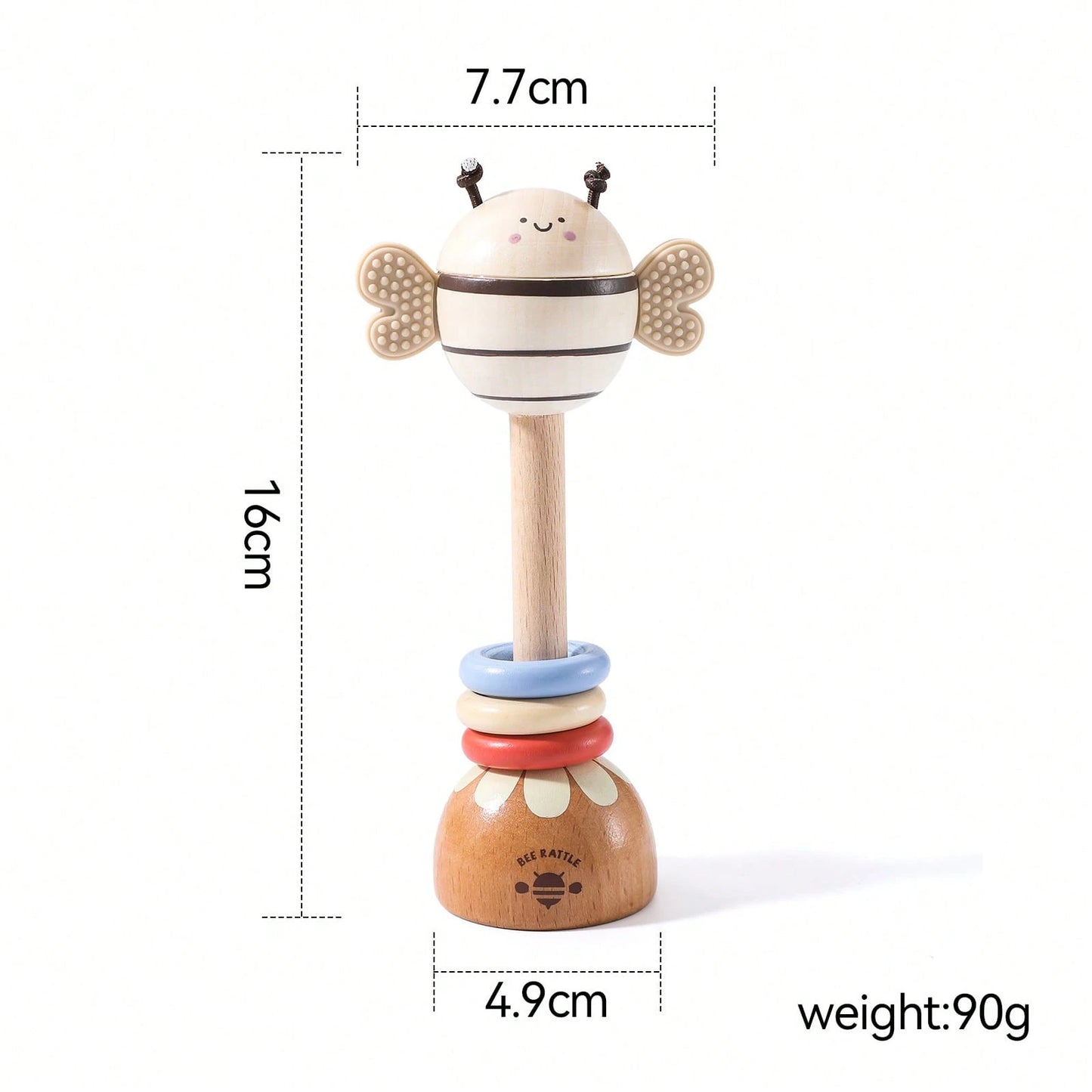 Wooden Long Handle Bee Rattle, Multifunctional Teether Rattle 2-In-1, Easy-To-Grip Baby Chewing Toy, Movable Three-Color Wooden Ring To Attract Baby's Attention, Standable Cartoon Bee Ornament