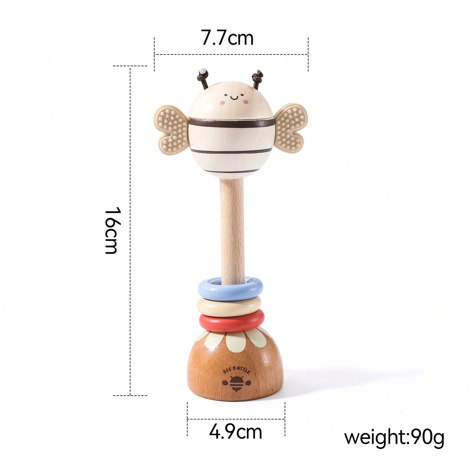 Wooden Long Handle Bee Rattle, Multifunctional Teether Rattle 2-In-1, Easy-To-Grip Baby Chewing Toy, Movable Three-Color Wooden Ring To Attract Baby's Attention, Standable Cartoon Bee Ornament