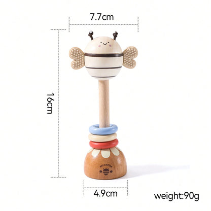 Wooden Long Handle Bee Rattle, Multifunctional Teether Rattle 2-In-1, Easy-To-Grip Baby Chewing Toy, Movable Three-Color Wooden Ring To Attract Baby's Attention, Standable Cartoon Bee Ornament