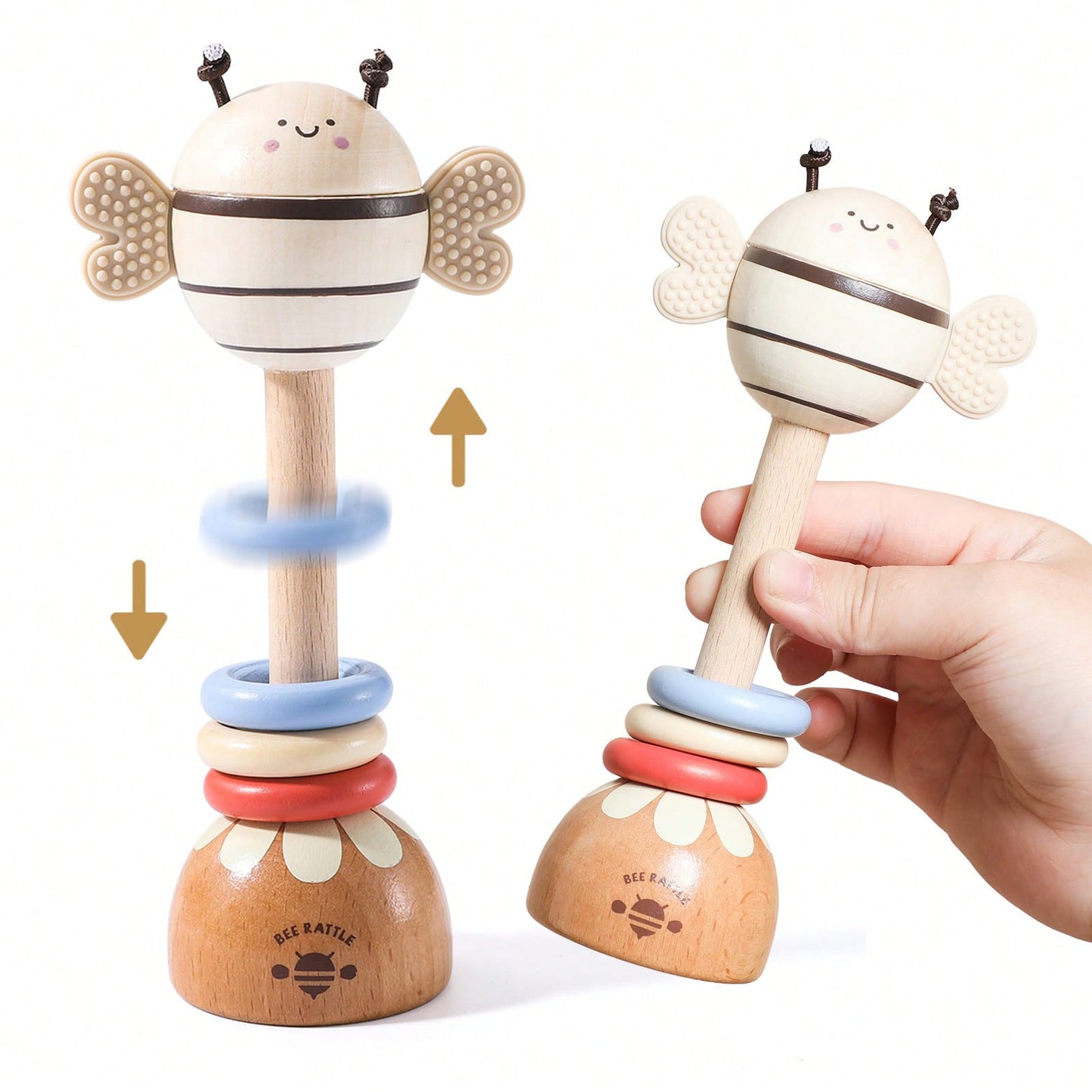 Wooden Long Handle Bee Rattle, Multifunctional Teether Rattle 2-In-1, Easy-To-Grip Baby Chewing Toy, Movable Three-Color Wooden Ring To Attract Baby's Attention, Standable Cartoon Bee Ornament