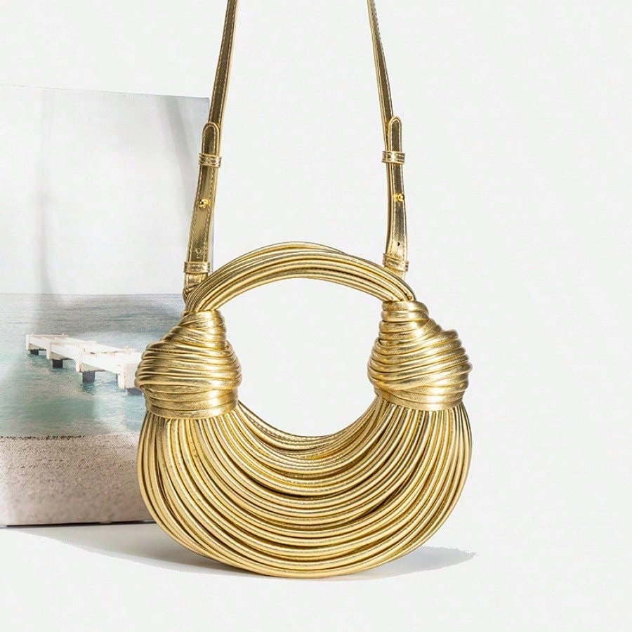 Woven Women's Bag, Ramen & Dumpling Design, Gold Round Handle. Crossbody, Underarm, Clutch & Top Handle. Stylish Handmade Bag For Daily & Party Use.