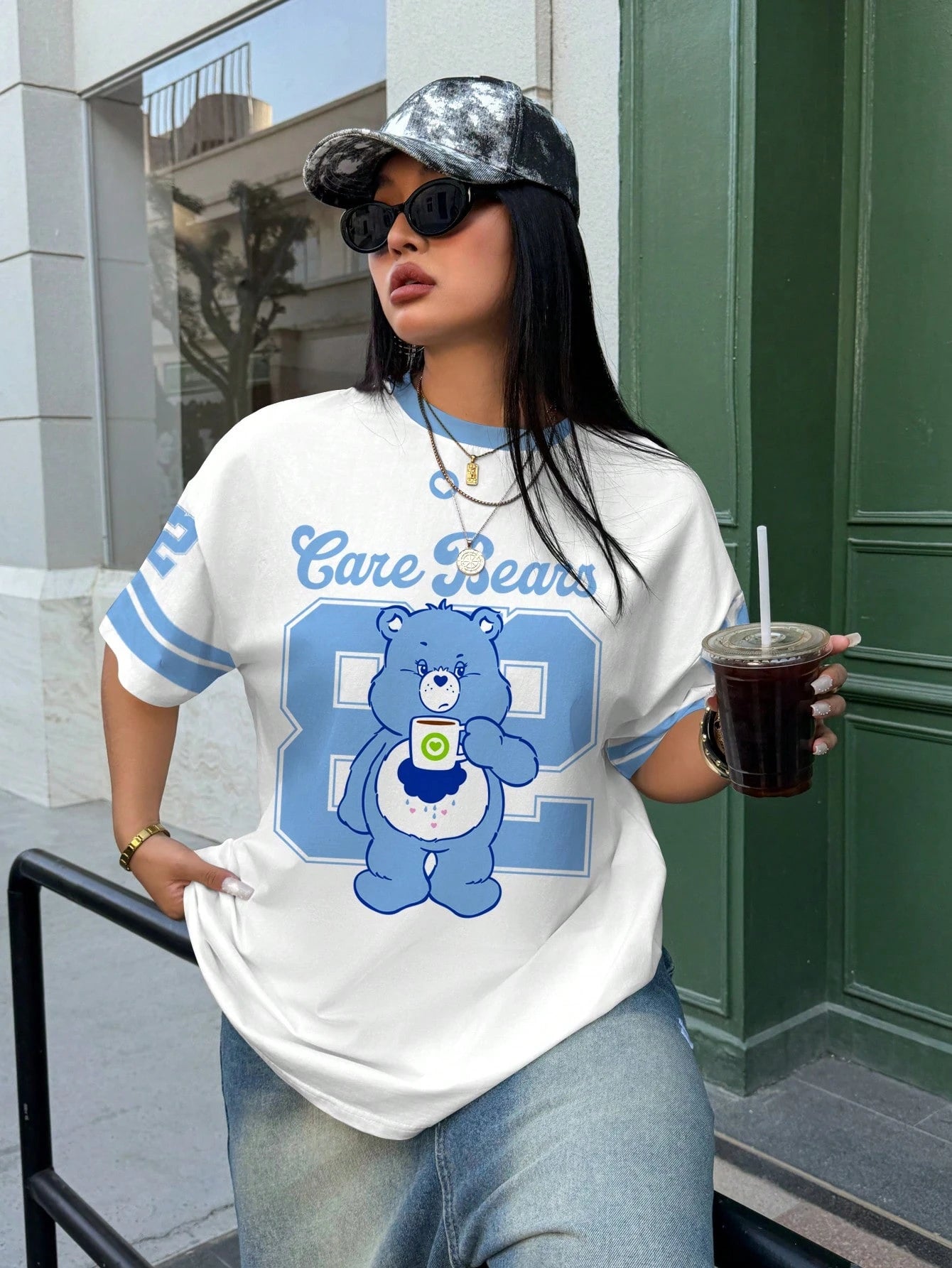 X Care Bears Plus Size Women's Crew Neck Letter Cartoon Print Casual Versatile Daily Short Sleeve T-Shirt