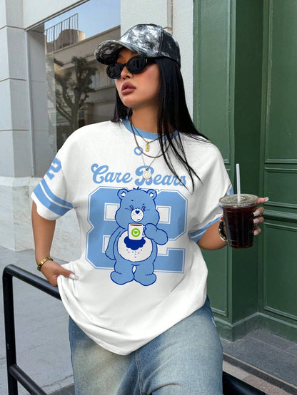 X Care Bears Plus Size Women's Crew Neck Letter Cartoon Print Casual Versatile Daily Short Sleeve T-Shirt