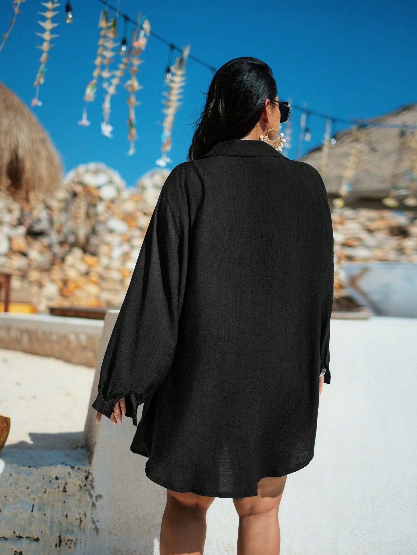 X Sofía Suescun Swim Vcay Plus Size Women Single Stripe Button Down Long Sleeve Cardigan, Vacation & Beach Blouse Summer