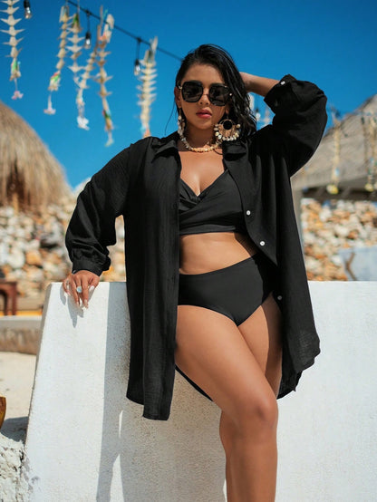 X Sofía Suescun Swim Vcay Plus Size Women Single Stripe Button Down Long Sleeve Cardigan, Vacation & Beach Blouse Summer