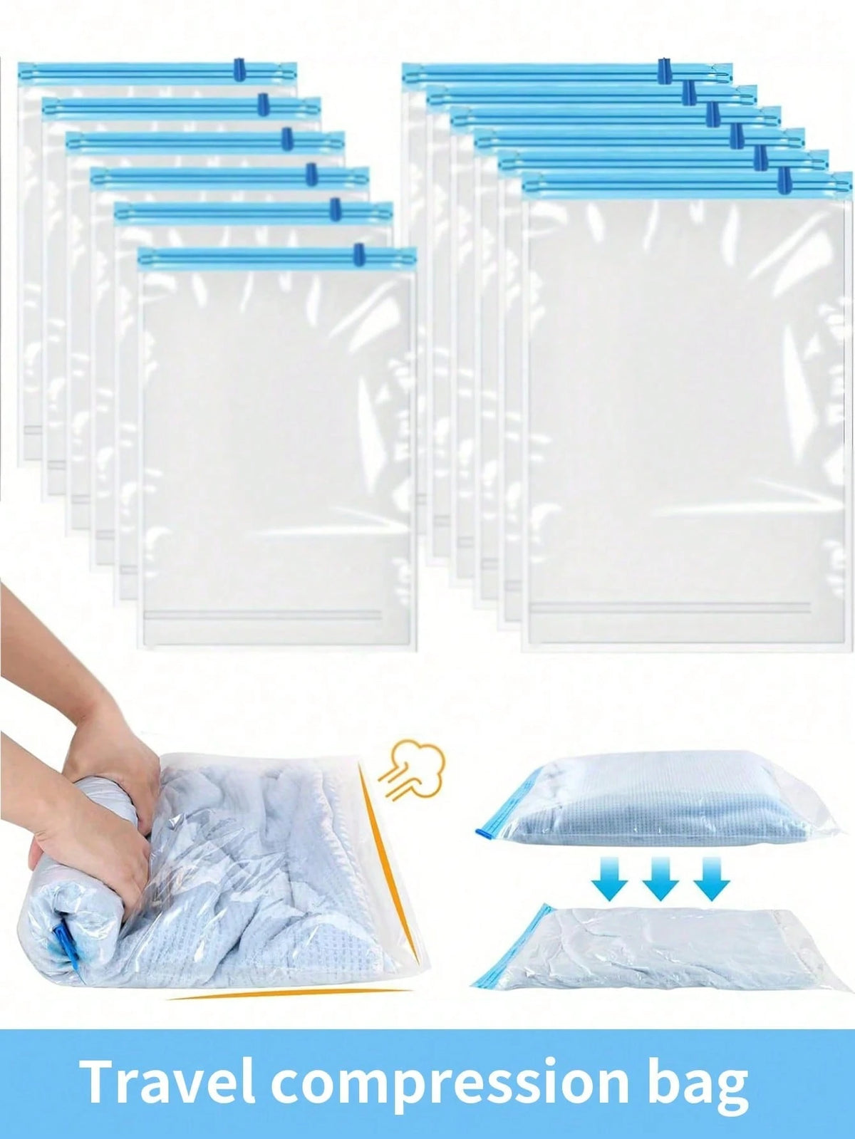 XD 10pcs/5pcs/1pc Travel Compression Bags, Travel Accessories, Space Saving, No Vacuum Or Pump Needed, Vacuum Storage Bags, Travel Essentials, Travel And Home Packing Organizer Bags (Blue) Clothing St