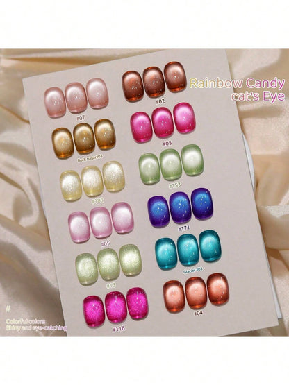 XEIJAYI XEJAYI 1pc 15ml Rainbow Candy Cat Eye Gel Nail Polish,UV LED Soaking Nail Gel, Semi-Permanent, DIY Salon Quality Nail Art Gel For Spring And Summer