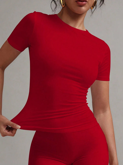 XLLAIS 2026 Small Round Neck Short Sleeve Tops Solid Basic Skinny Sport Fit Women Casual Red T-Shirt Four Season Near Year Red Top Summer