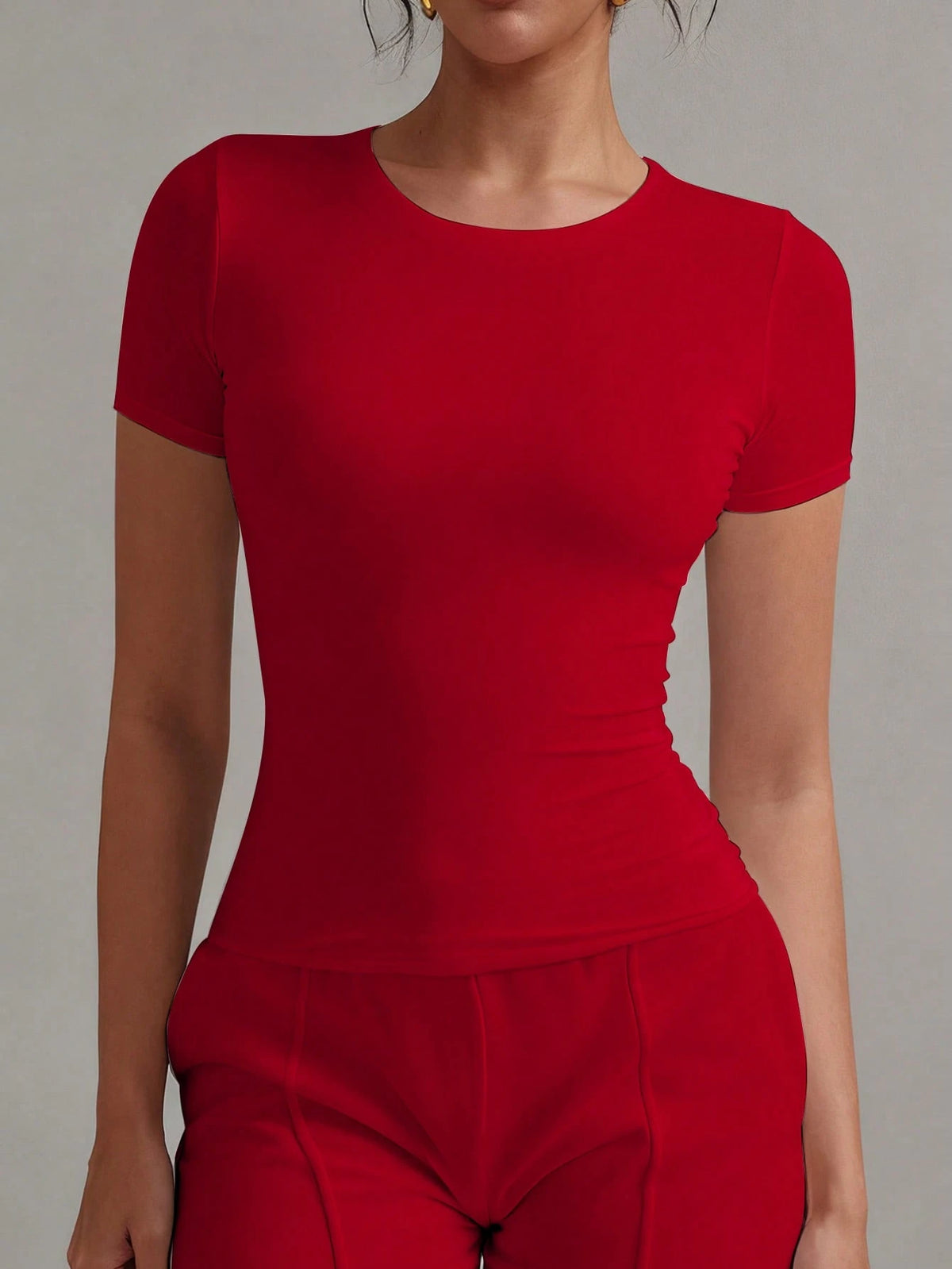 XLLAIS 2026 Small Round Neck Short Sleeve Tops Solid Basic Skinny Sport Fit Women Casual Red T-Shirt Four Season Near Year Red Top Summer